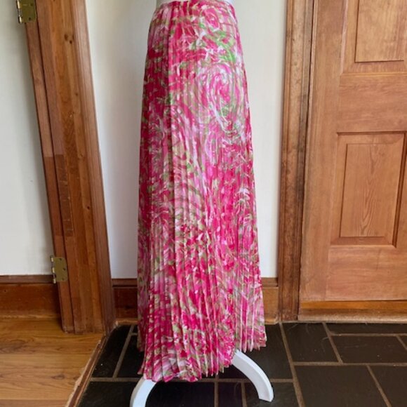 RUBY RD. Pleated Elastic Waist Pink Green Swirl Print Maxi Skirt 10 - Picture 4 of 15